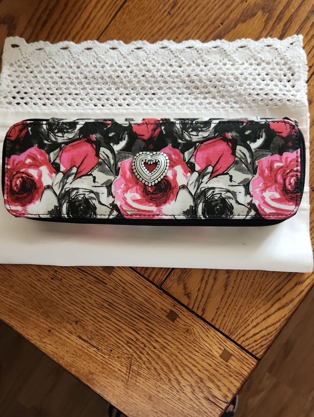 Brighton , Vintage Jewelry Holder, Floral Heart  - Pink & Black,  EC